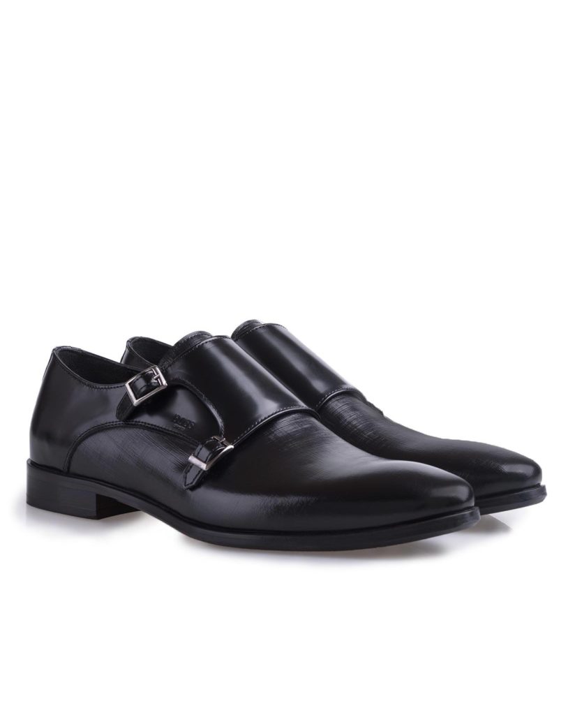 Black Leather Double Monk BOSS Shoes